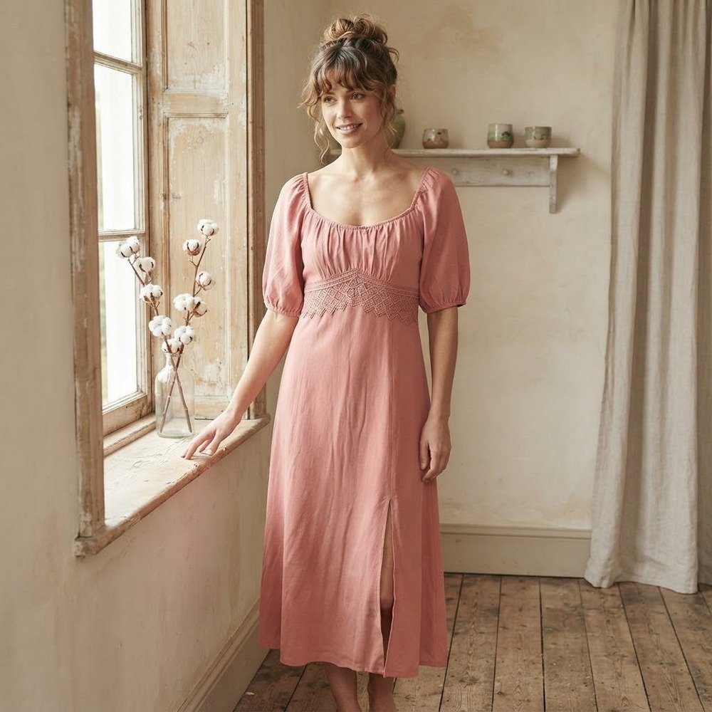 Coral Pink Crochet Lace Empire Waist Puff Sleeve Midi Dress Cottage Prairie puff